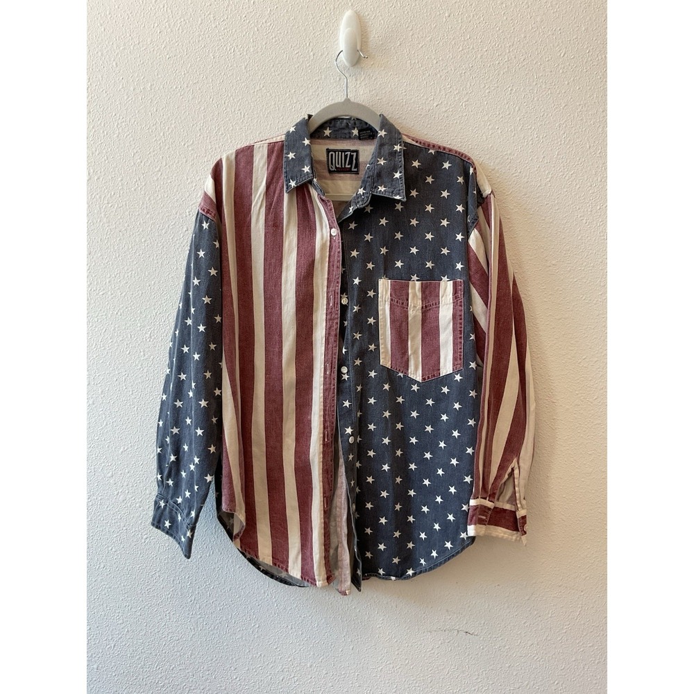Vintage Quizz American Flag Stars Stripes July 4th Button Up Shirt Men's Medium‎
